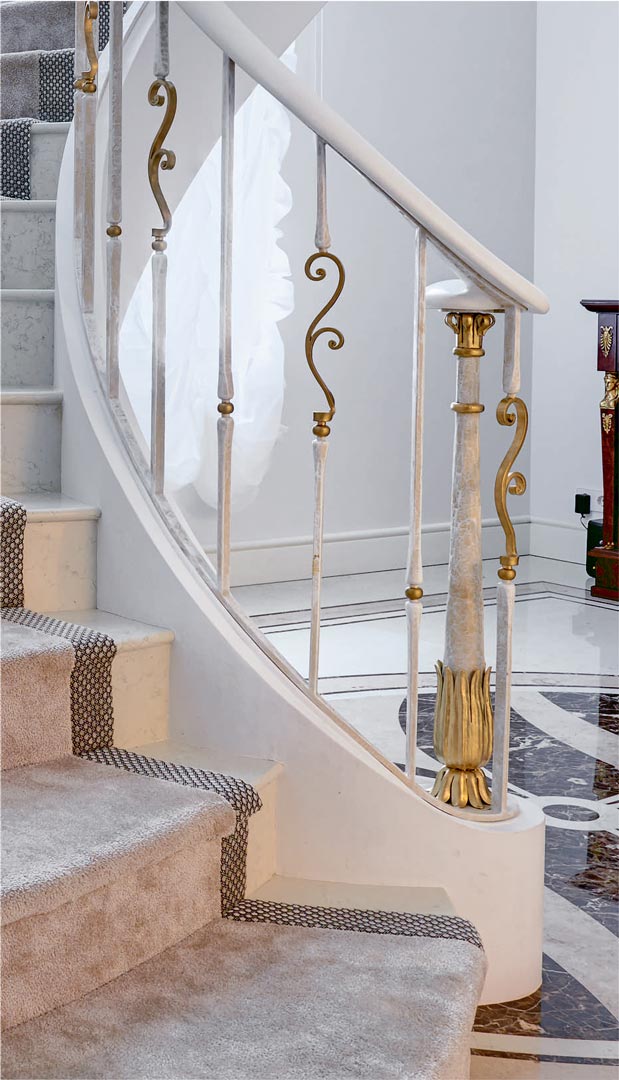Steel constructions stairs, marble, forged metal, details coates with gold, wood armrest.